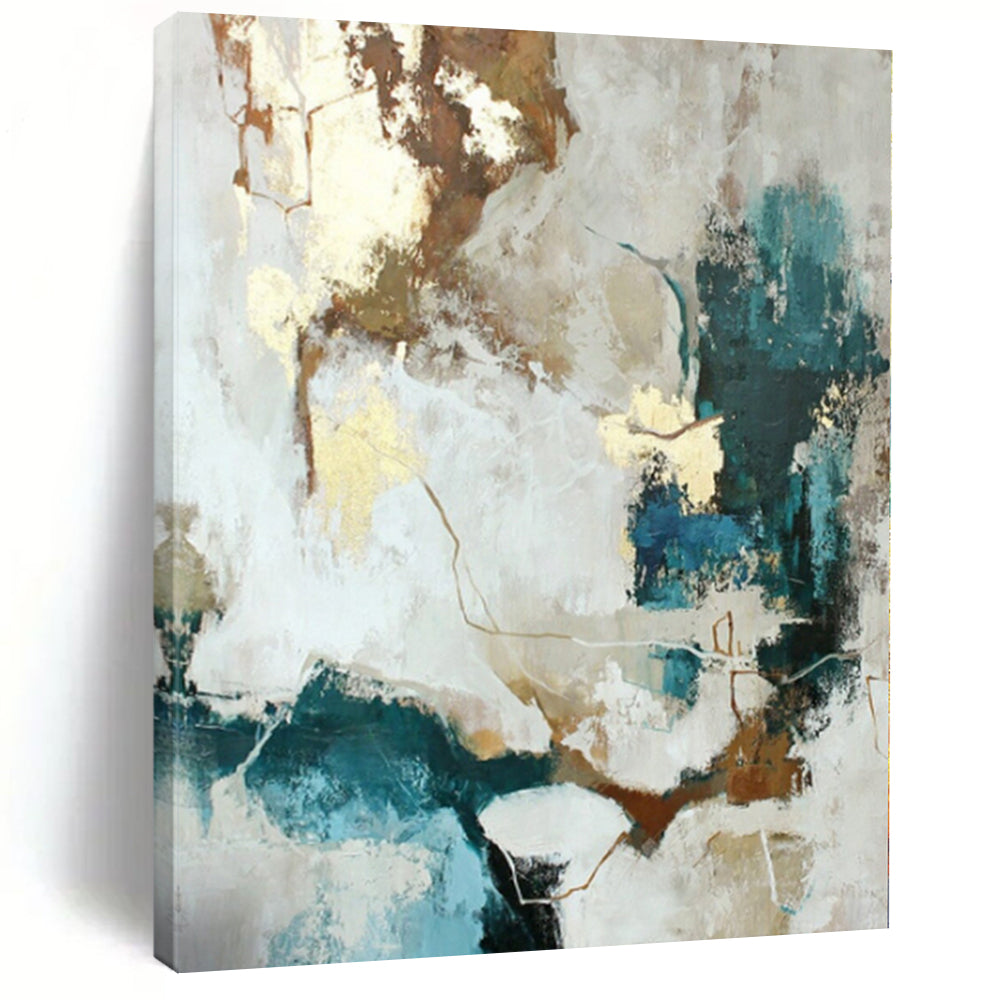 “Gold - Accented Abstract with Teal and Neutrals” - Modern Abstract Painting On Canvas PS0258