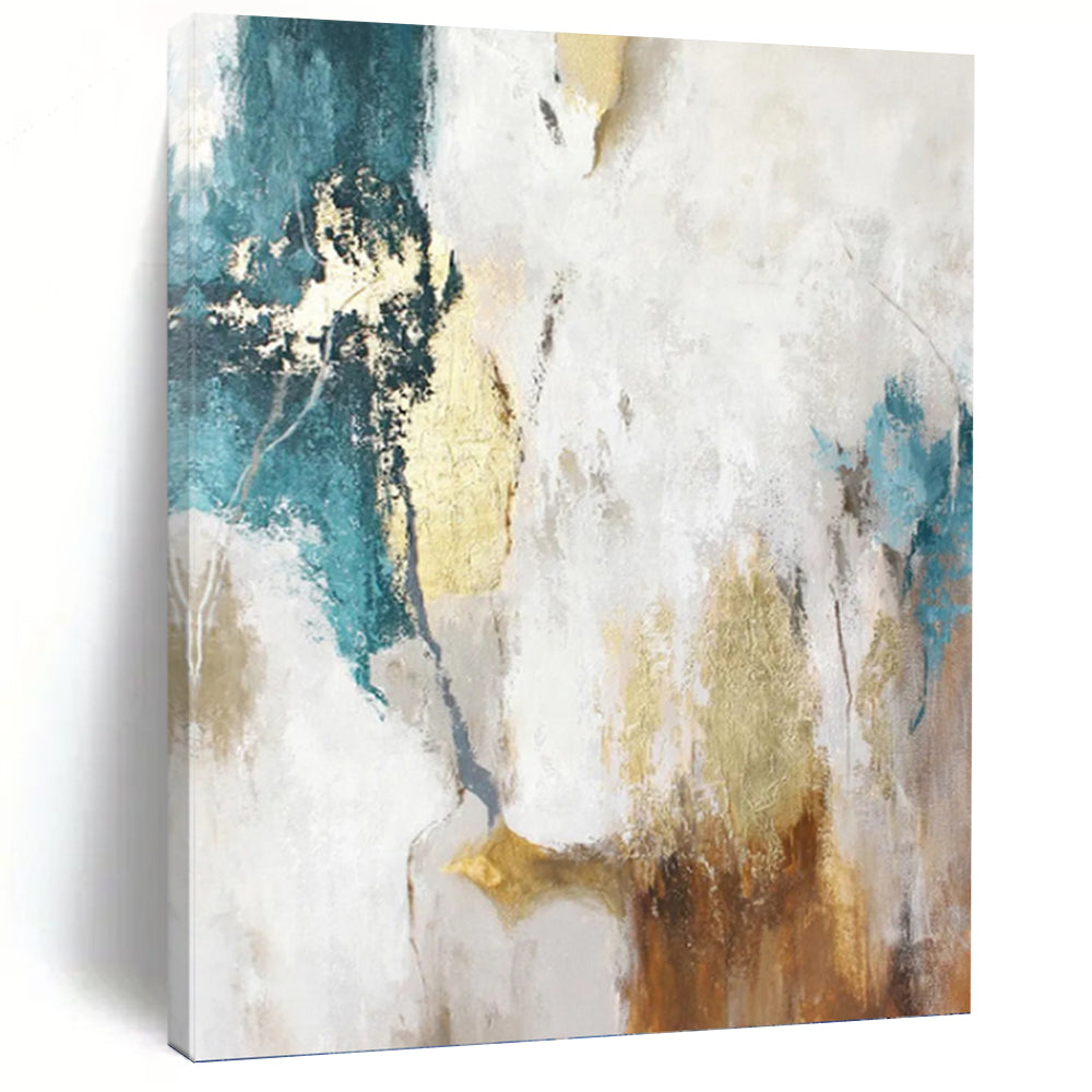 “Turquoise, Gold and White Abstract” - Vibrant Textured Painting on Canvas PT1014