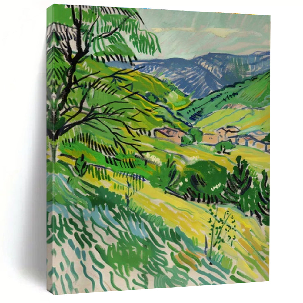 Green Valley, "Mountain Village Greens" – Post - Impressionist Landscape Painting On Canvas PS0881
