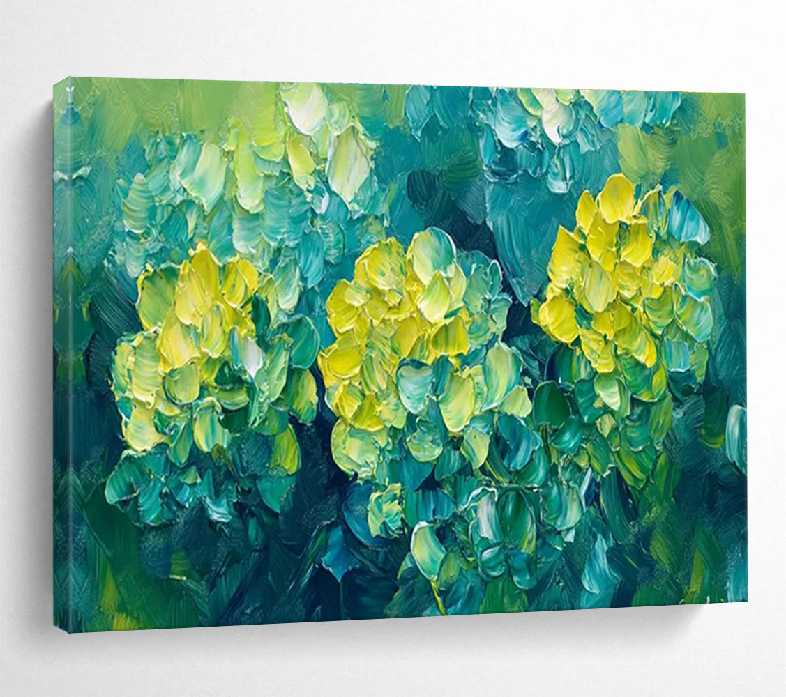 “Yellow Flowers in Green” - Impasto Oil Painting On Canvas DKS799
