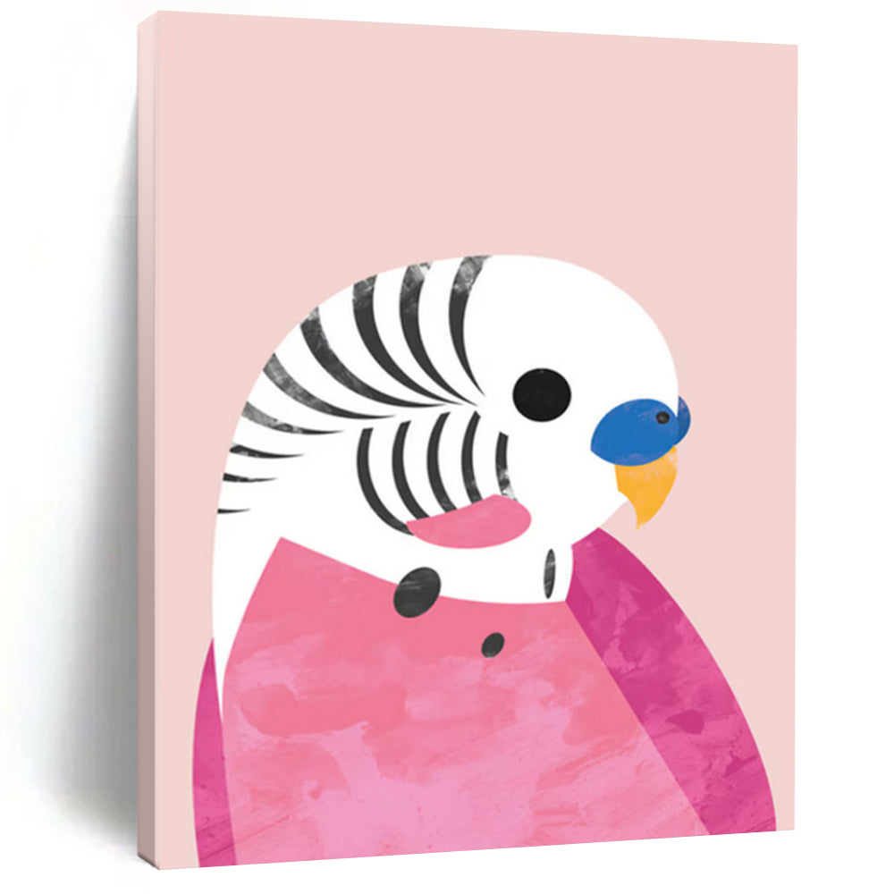 “Pink - Backgrounded Parakeet” - Colorful Bird with Geometric Shapes Painting On Canvas DS227
