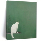 “Minimalist White Cat on Green” - Minimalist Animal Painting On Canvas PT1937