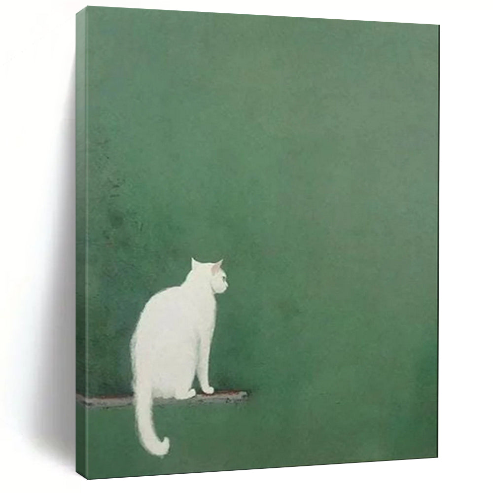 “Minimalist White Cat on Green” - Minimalist Animal Painting On Canvas PT1937