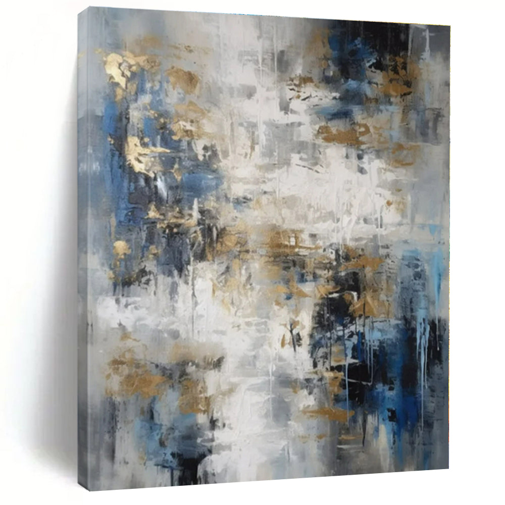 Gray, Blue, Gold with Abstract Drips and Splashes "Gilded Drizzle" Abstract Painting On Canvas PS1303