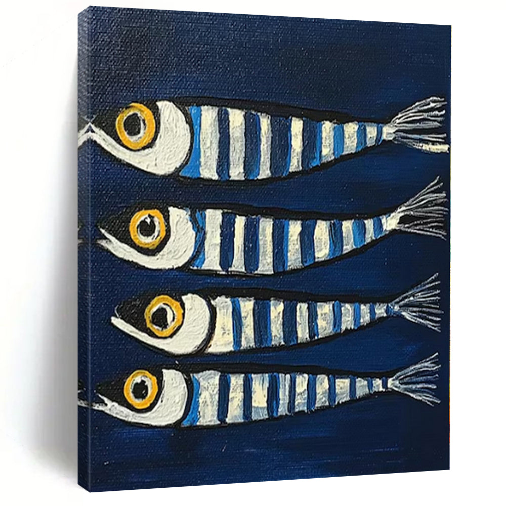 Blue, White, Yellow with Striped Fish "Sea Stripes" Naive Art Painting On Canvas PS1189
