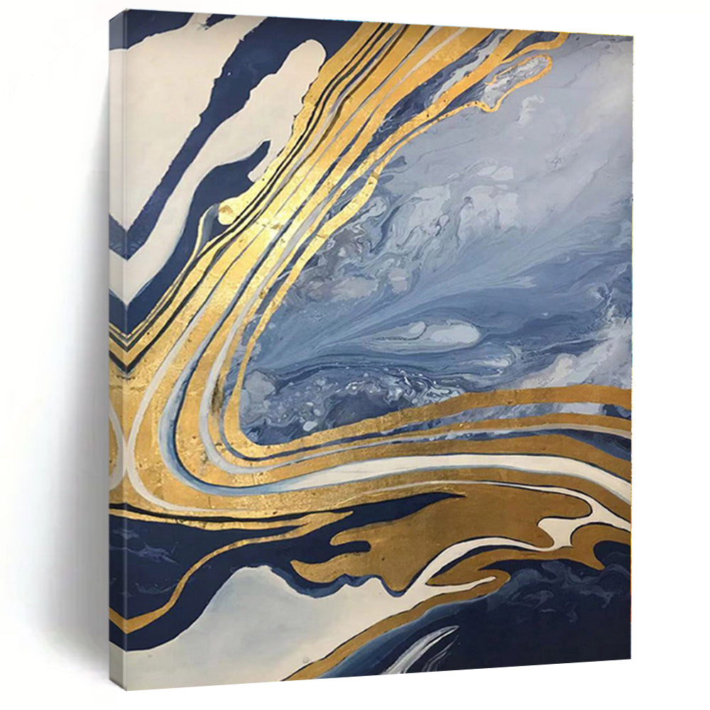 “Blue - Gold Marble Flow” - Blue, Gold, White Abstract Painting On Canvas PS0564