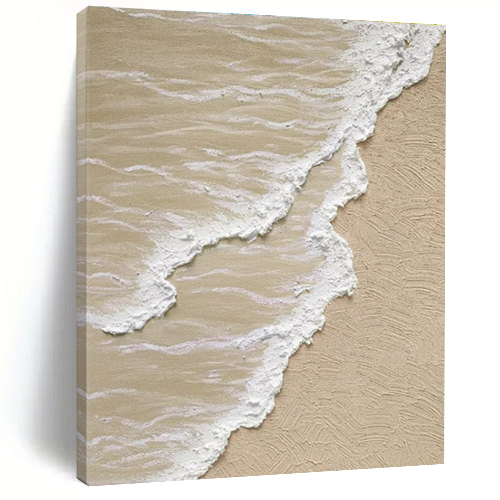 “Sandy Beach Waves” - Beige, White Abstract Seascape Painting On Canvas PS0662