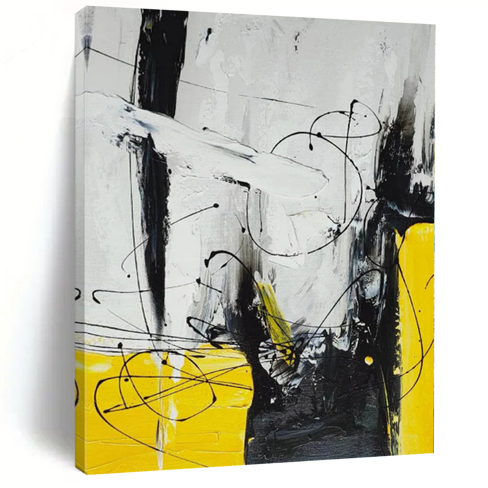 “Black - Yellow - White Abstract Tangled Lines” - Energetic Abstract Painting On Canvas PS0318