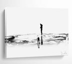 “Black and White Silhouette Beach Scene” - Monochromatic Figurative Painting On Canvas PT114