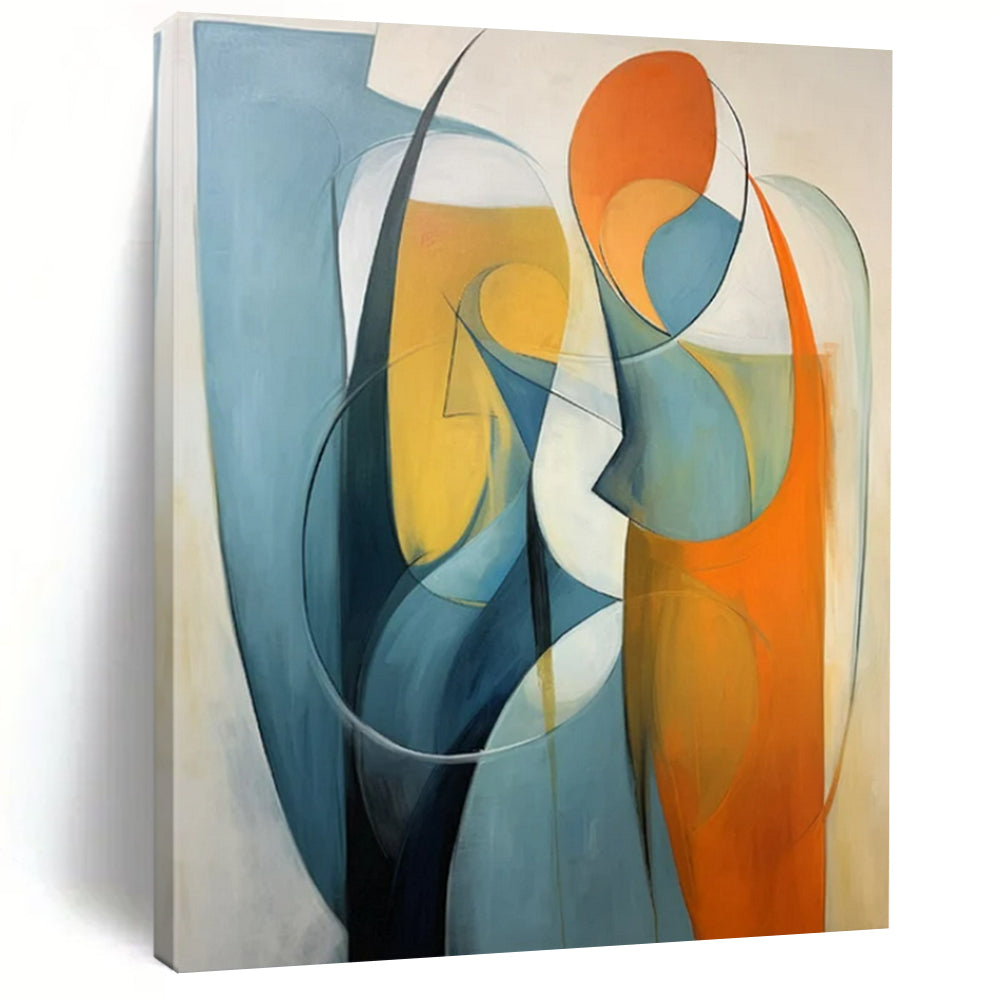 “Blue and Orange Abstract Figures” - Abstract Cubist Painting On Canvas PT2233