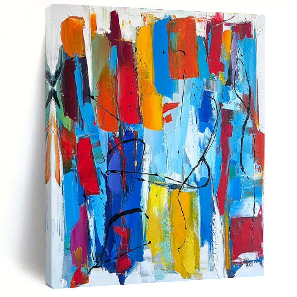 “Colorful Abstract Carnival” - Multicolor, Red, Blue, Yellow, Orange Abstract Expressionist Painting On Canvas PS0646