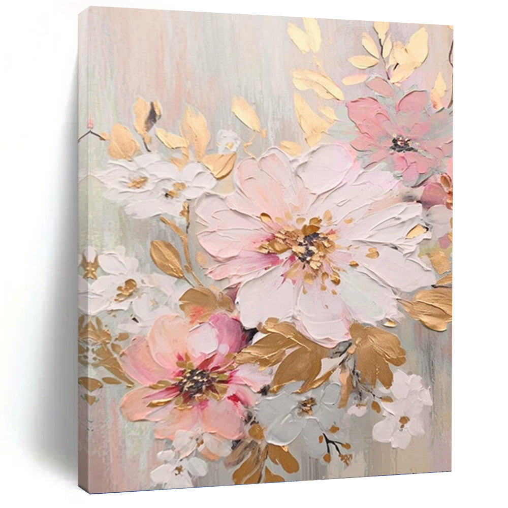 “Pink - White - Gold Floral Impasto” - Impressionist - Inspired Floral Painting On Canvas PT1390