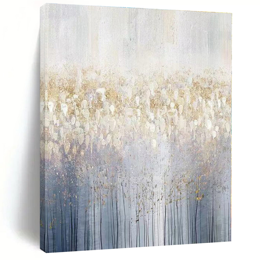 “Gold - White - Blue Abstract Forest” - Gold, White, Blue Abstract Landscape Painting On Canvas PS0592