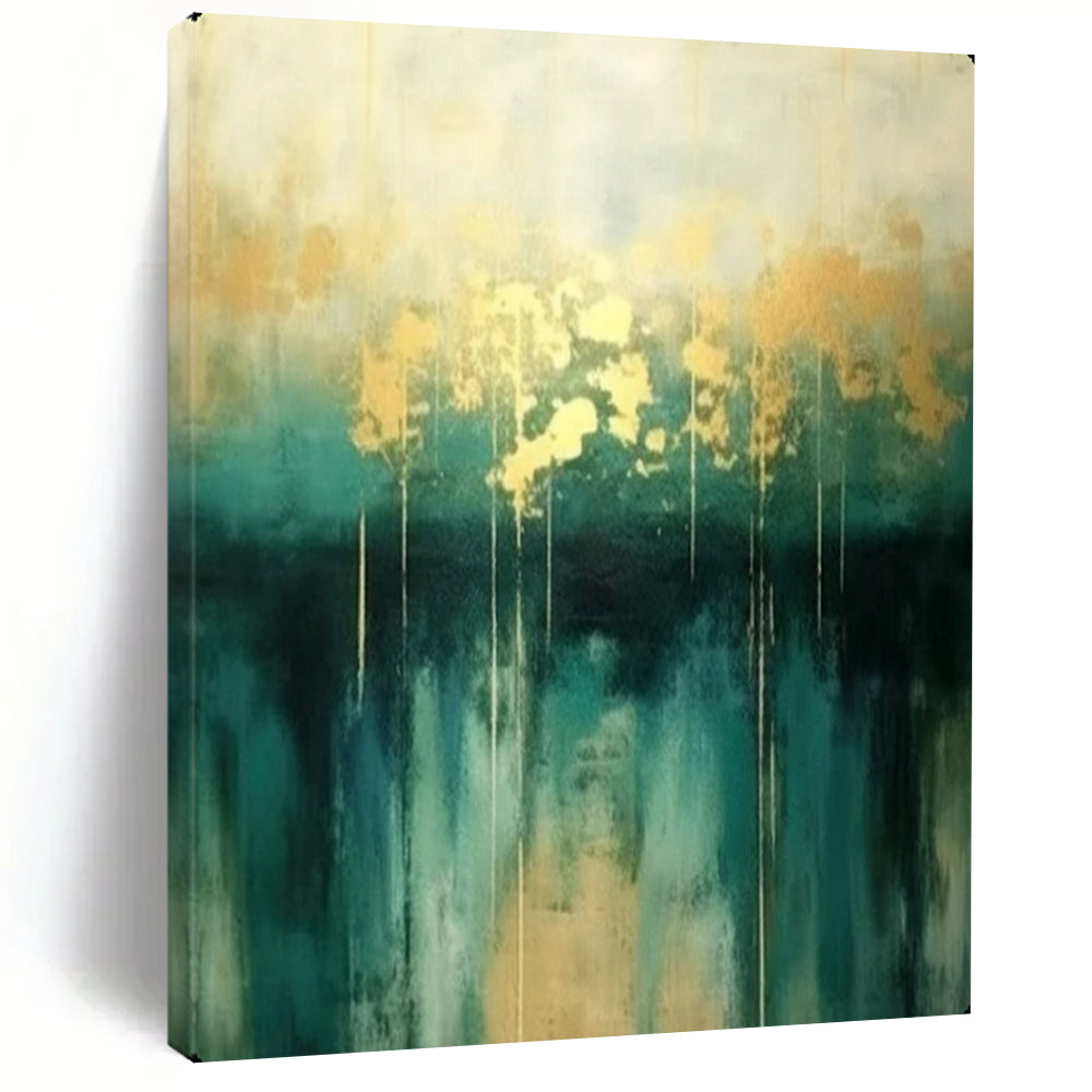 “Gold & Teal Abstract Drip” - Elegant Acrylic Painting On Canvas PT2168