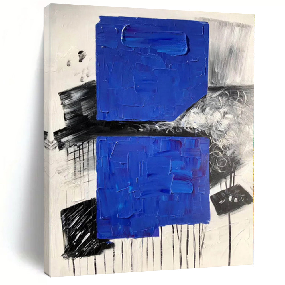 “Blue - Black - White Abstract Textured Squares” - Tactile Abstract Painting On Canvas PS0330