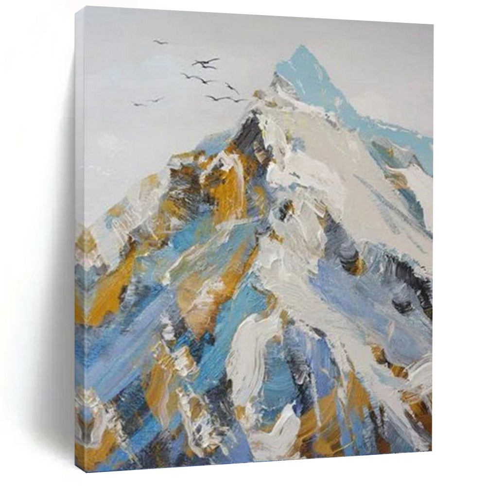 “Snowy Mountain: Blue, White, and Gold Abstract” - Bold Landscape Art On Canvas PT0955