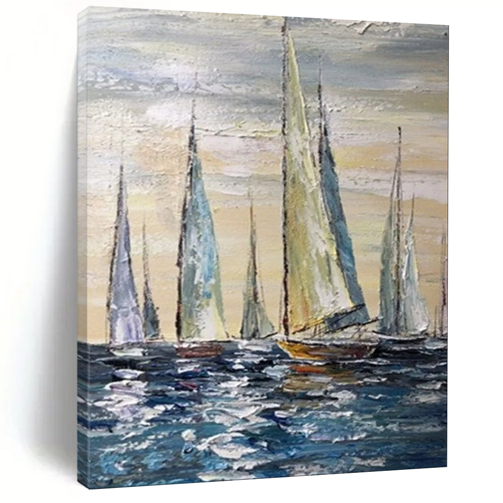 Sailing Regatta, Impasto Seaside, Oil Painting On Canvas PT2095