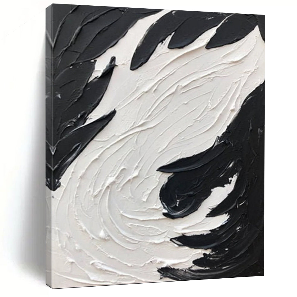 “Swirling Textures: Black and White Abstract” - Energetic Abstract Painting On Canvas DS398