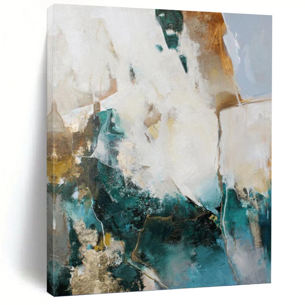 “Teal, Gold and White Abstract” - Bold Color Fusion Painting on Canvas PT1013