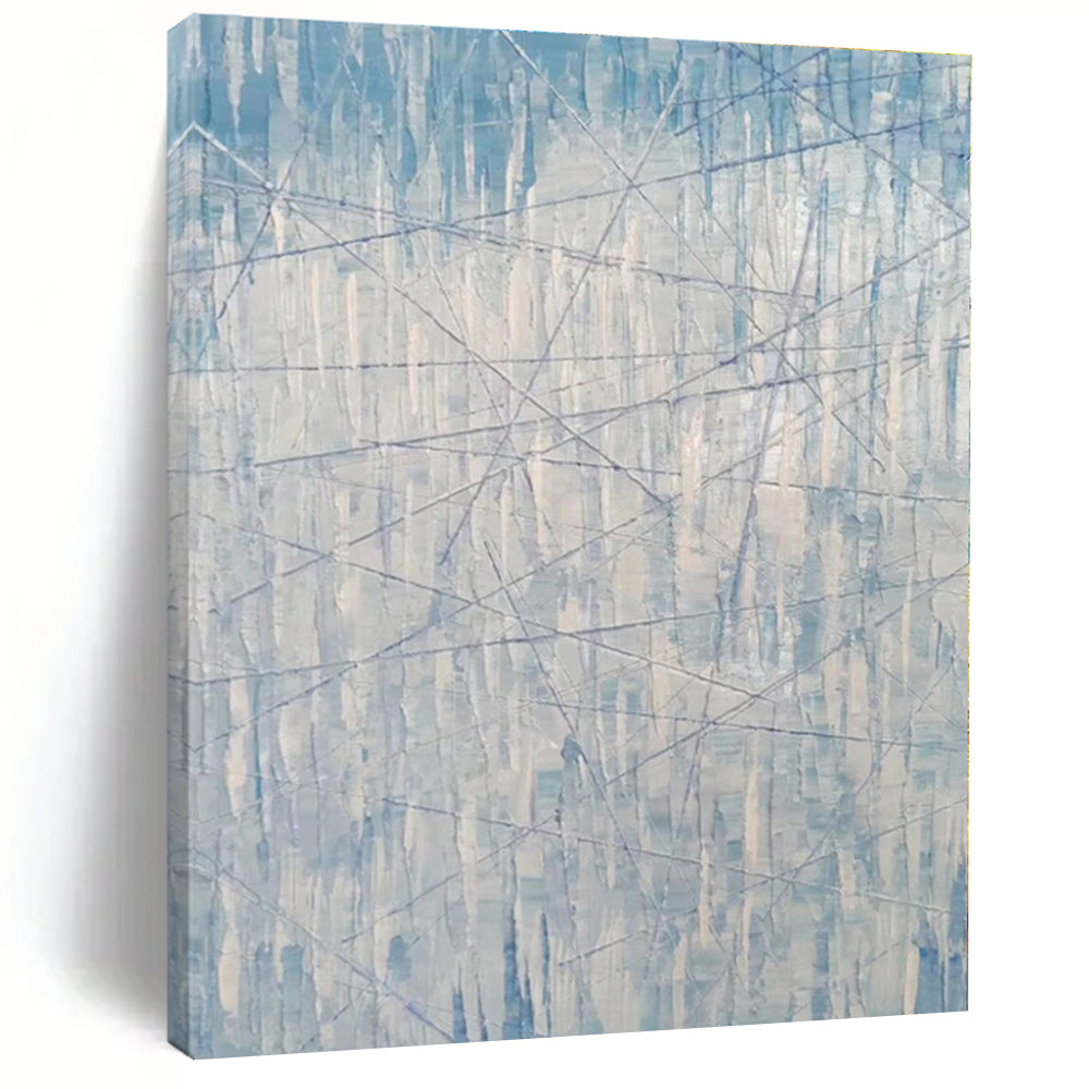 “Blue - White Linear Abstraction” - Blue, White Abstract Painting On Canvas PS0475