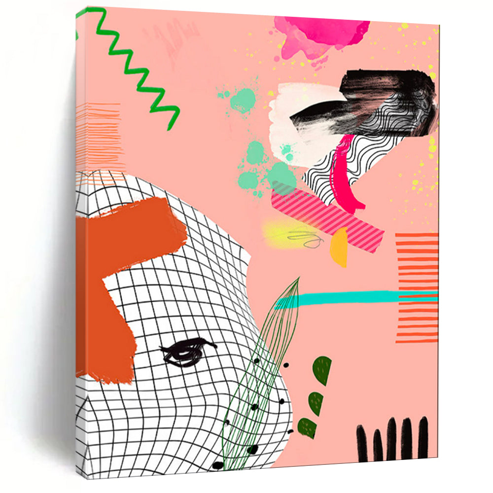 “Playful Pink - Green Abstract Collage” - Contemporary Abstract Painting On Canvas PT2006