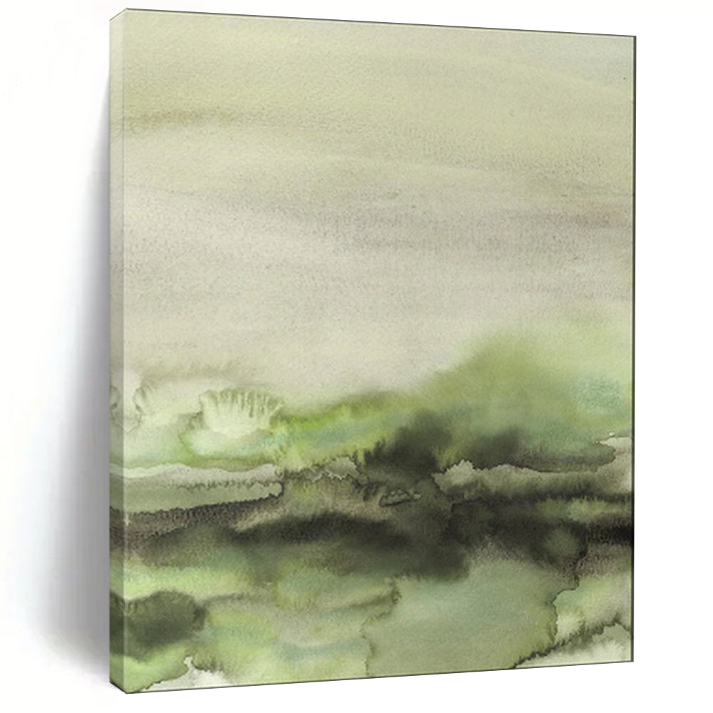 “Green - Gray Watercolor Abstract” - Watercolor Landscape Painting On Canvas PT1965