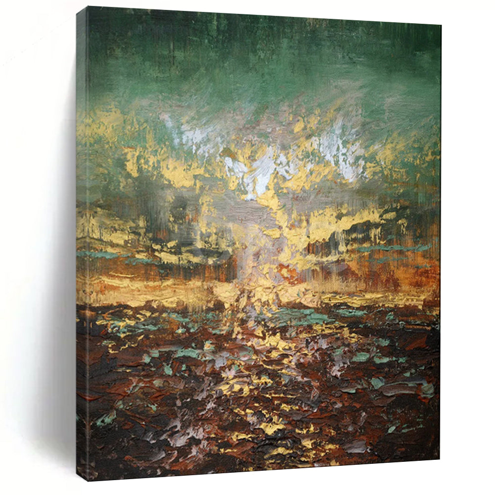 “Textured Green and Gold Abstract Landscape” - Abstract Landscape Painting On Canvas PT1942