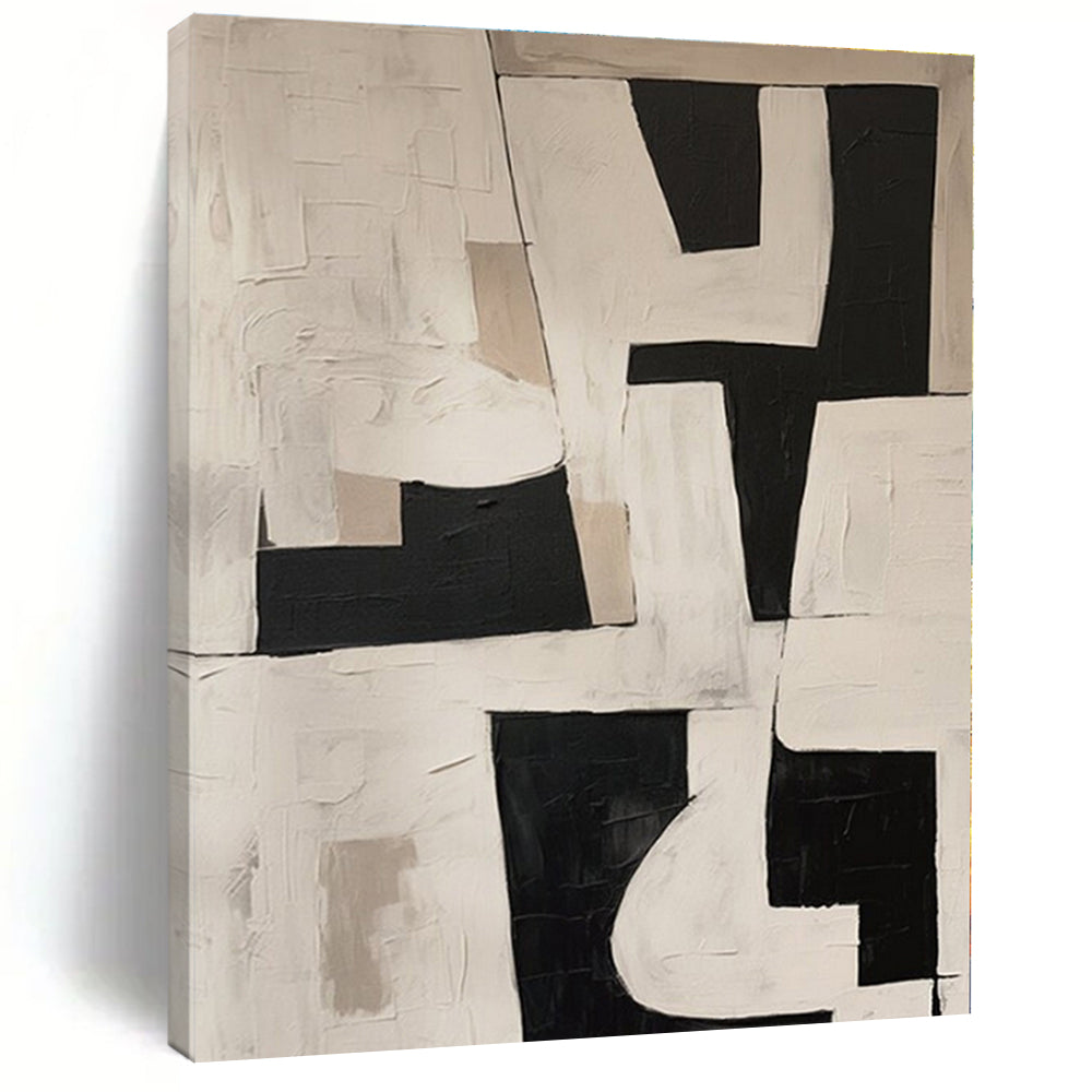 Black, White, Beige with Geometric Shapes "Geometric Rhythm" Abstract Painting On Canvas PS1364