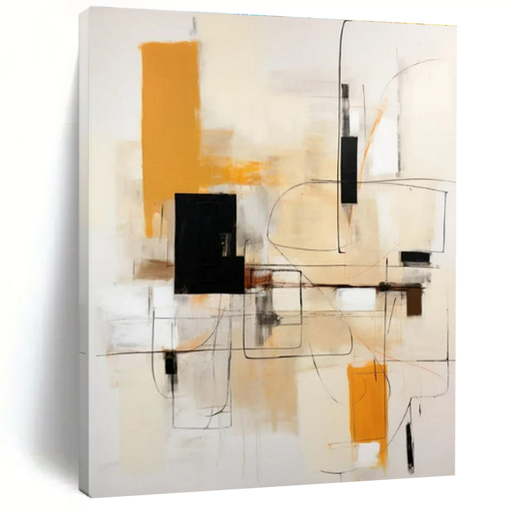 Beige, Orange, Black, White with Geometric Lines "Structured Energy" Abstract Painting On Canvas PS1461