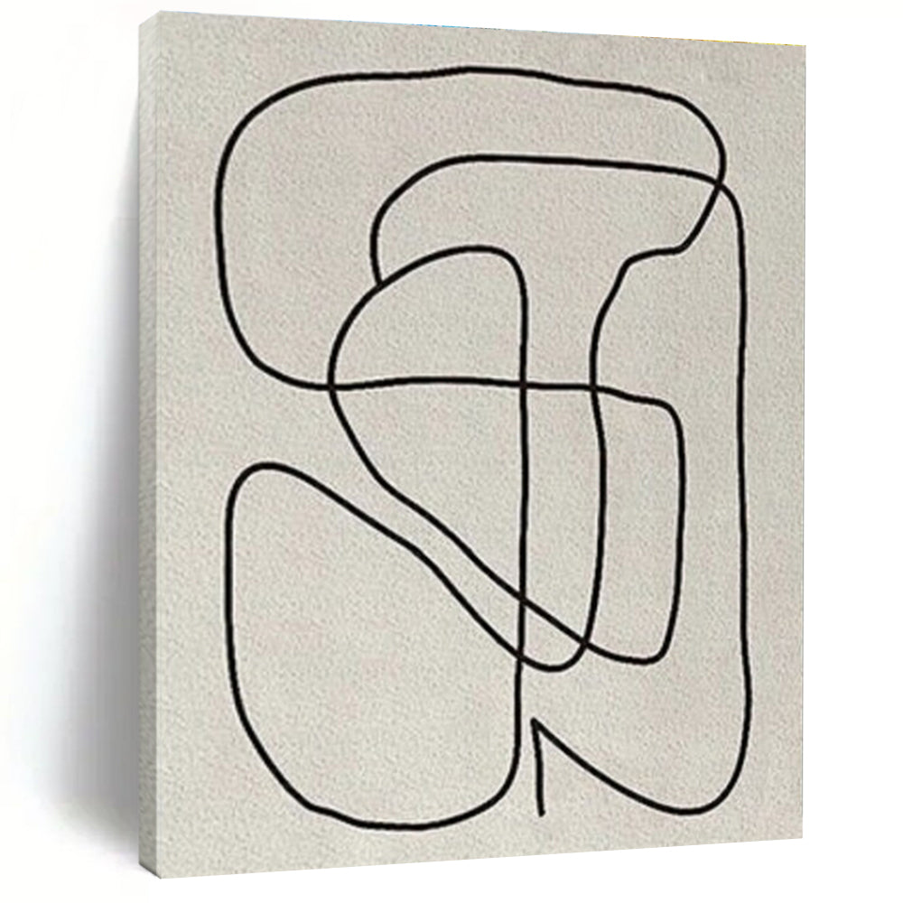“Continuous Black Line Drawing” - Black, Beige Abstract Line Art Painting On Canvas PS0682