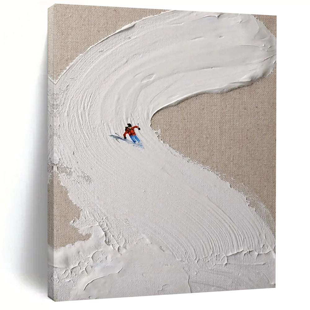 “Skier on Textured White Slope” - Minimalist Winter Sports Painting On Canvas DS311