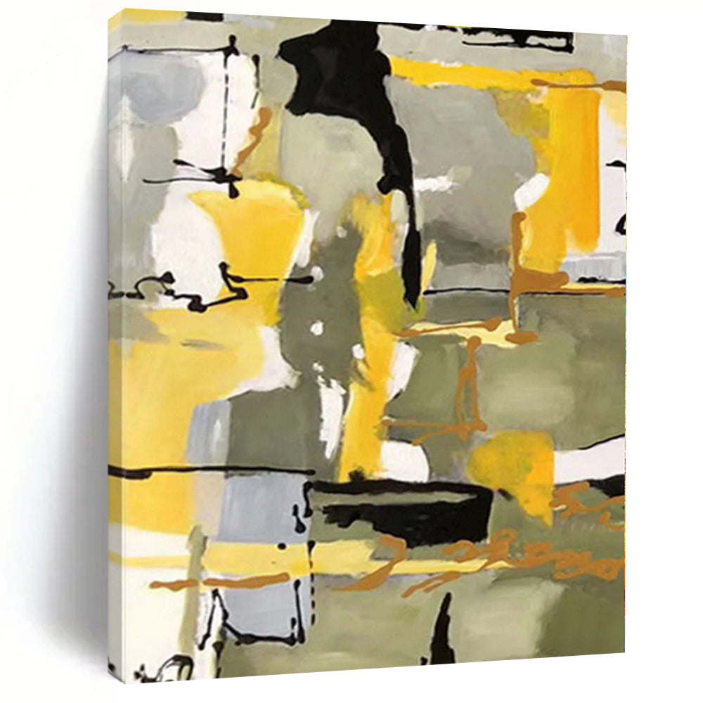 “Yellow - Grey Abstract Dynamic Shapes” - Lively Abstract Painting On Canvas PS0344