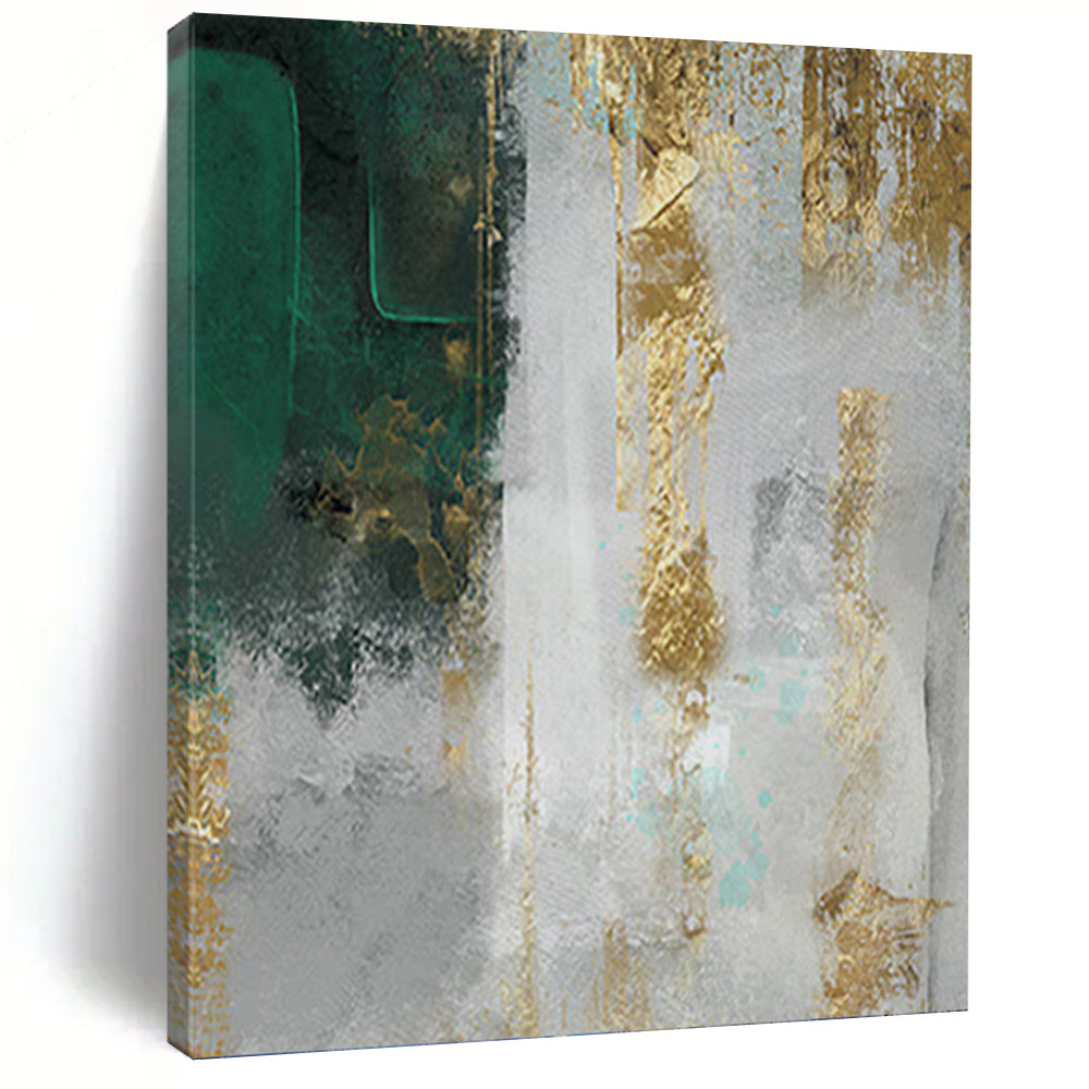 “Green and Gold Textured Abstract” - Abstract, Metallic - Accented Painting On Canvas PT1518