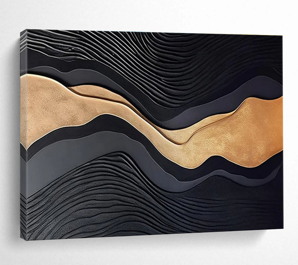Black and Gold Textured Waves Contemporary Abstract Painting On Canvas DKS149