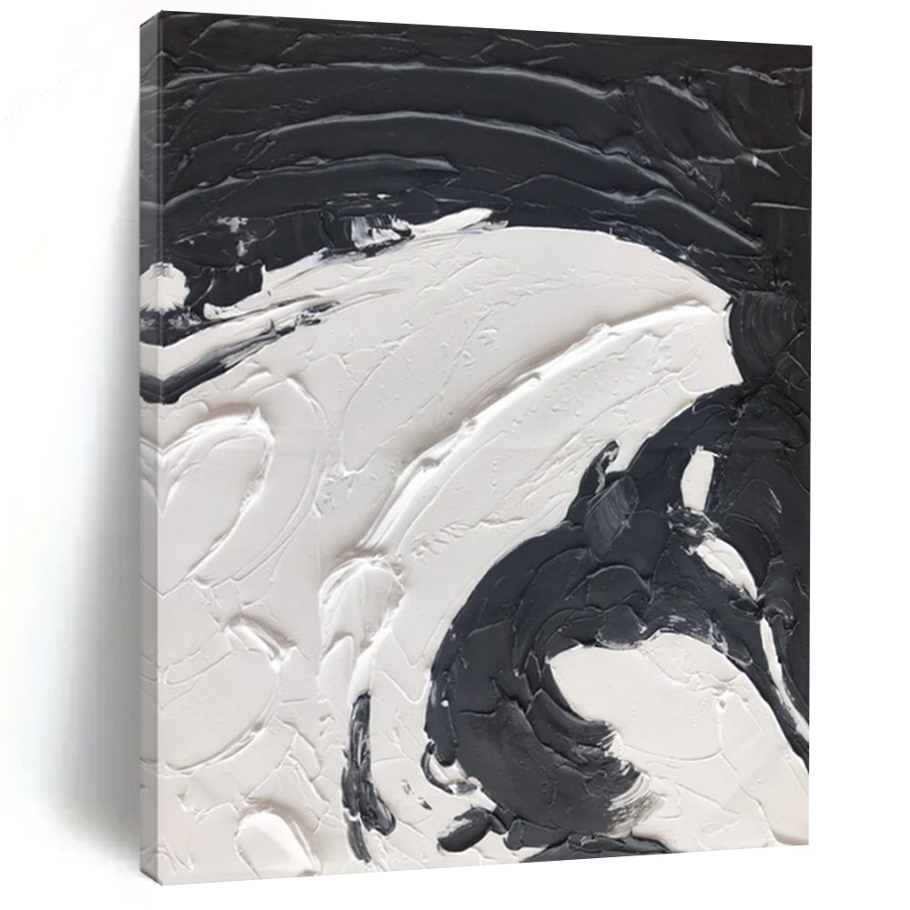 “Textured Swirls: Black and White Abstract” - Tactile Abstract Painting On Canvas DS393