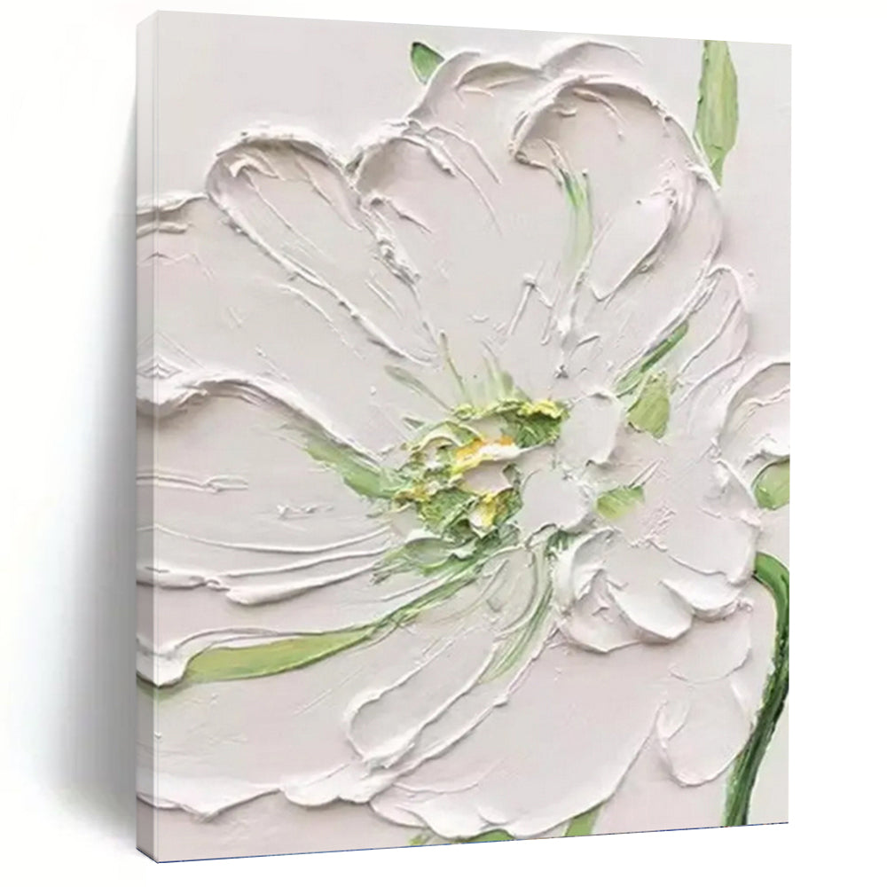 “White - Green Floral Relief” - Realist - Inspired Floral Painting On Canvas PT1398