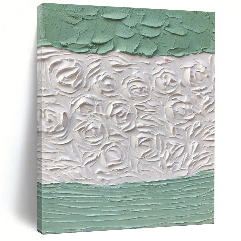“Green - White Textured Roses” - Textured Abstract Painting On Canvas PT1269