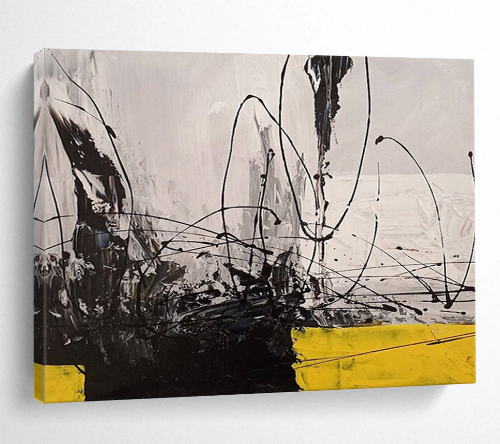 “Dynamic Black, White & Yellow Abstraction” - Franz Kline - Style Bold Painting On Canvas PT008