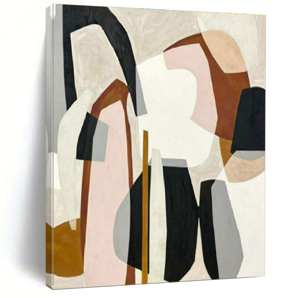 “Pastel Geometric Fusion” - Pink, Brown, Gray, Black Abstract Cubist Painting On Canvas PS0670