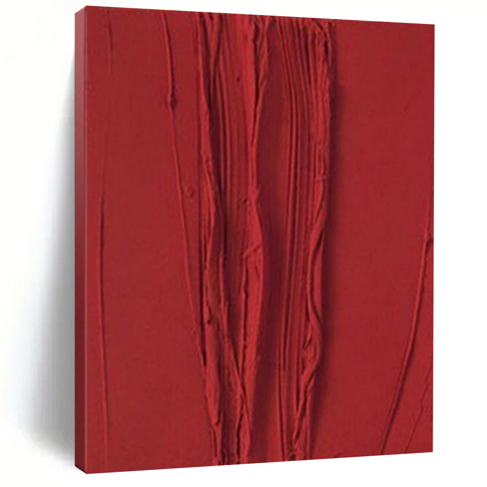 Textured Red Vertical Ridges "Crimson Currents" Relief Sculpture On Canvas PS1071