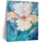 “White Flower: Textured Impasto on Blue” - Impressionistic Floral Painting On Canvas PT0942