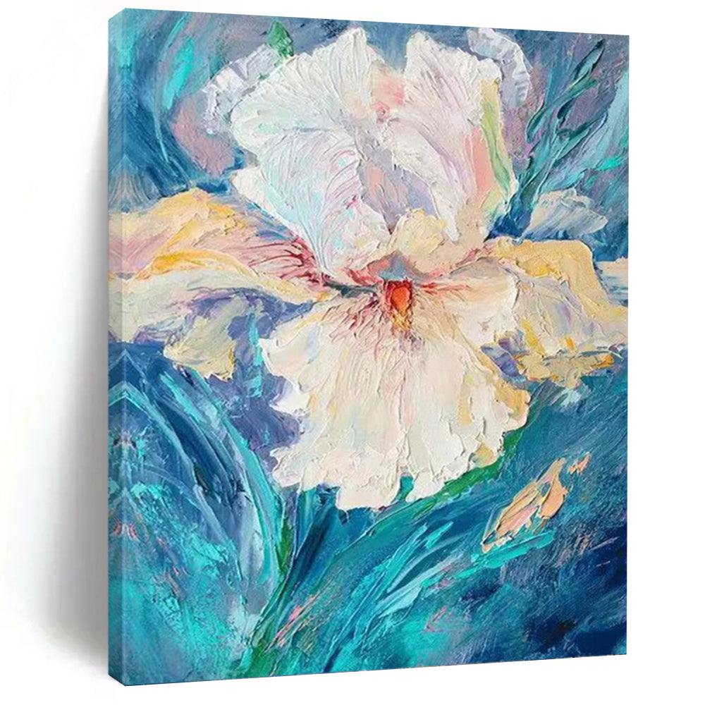 “White Flower: Textured Impasto on Blue” - Impressionistic Floral Painting On Canvas PT0942