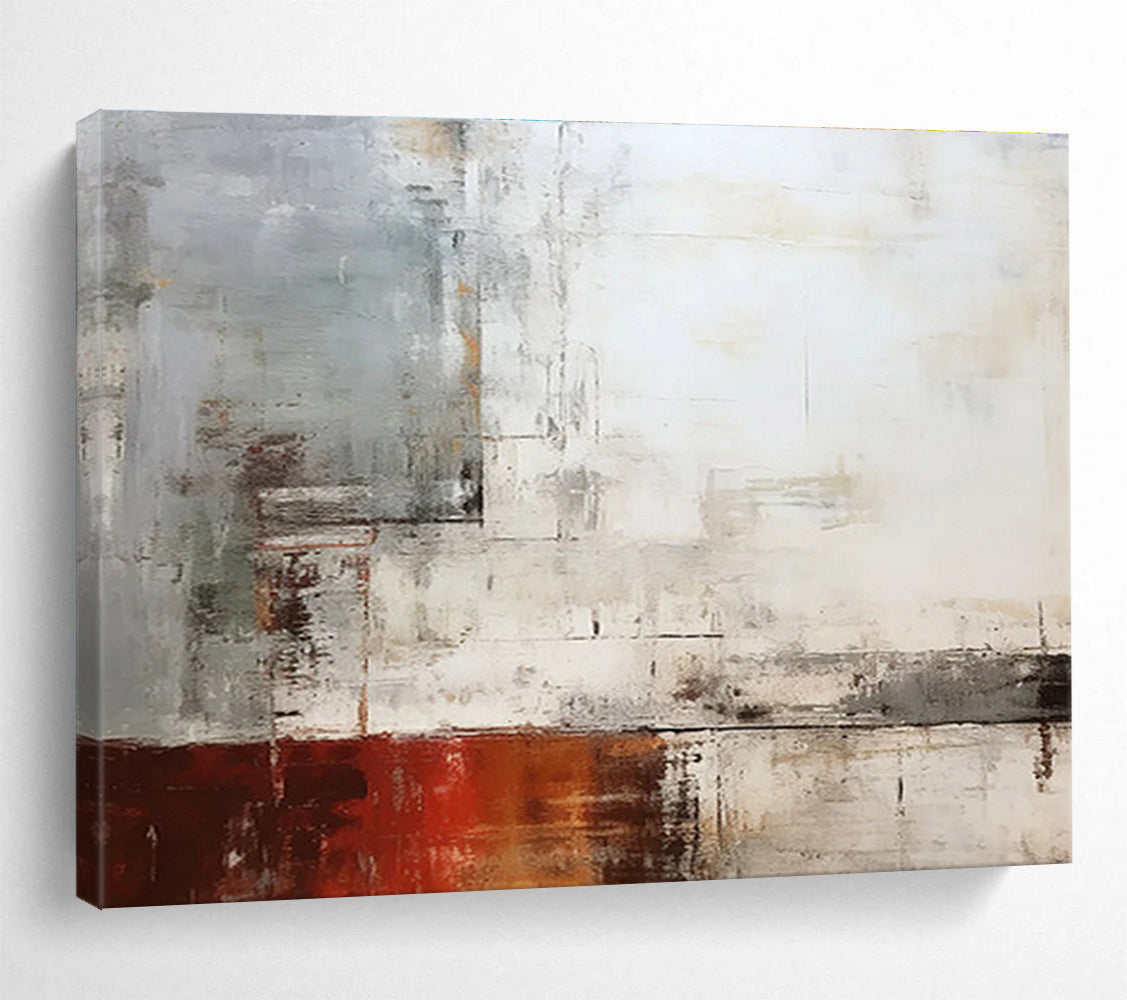 Grey, White & Red Abstract Composition Painting On Canvas DKS043
