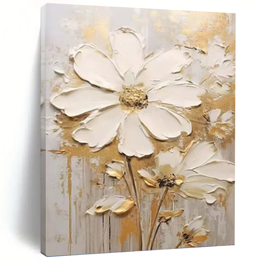 “White - Gold Floral Impasto” - Impressionist - Inspired Floral Painting On Canvas PT1395