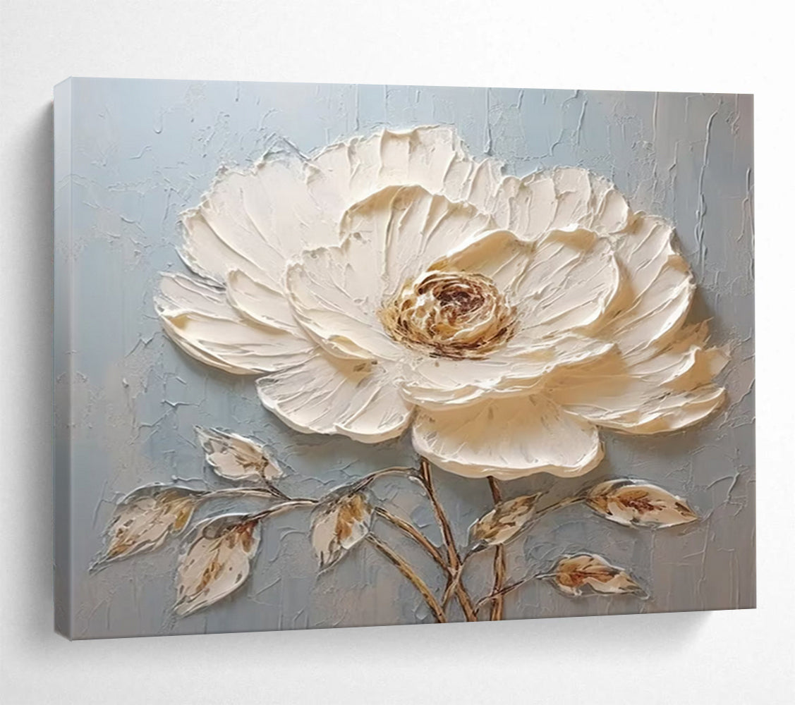 “Single White Peony Relief” - Mixed - Media Floral Painting On Canvas PT175