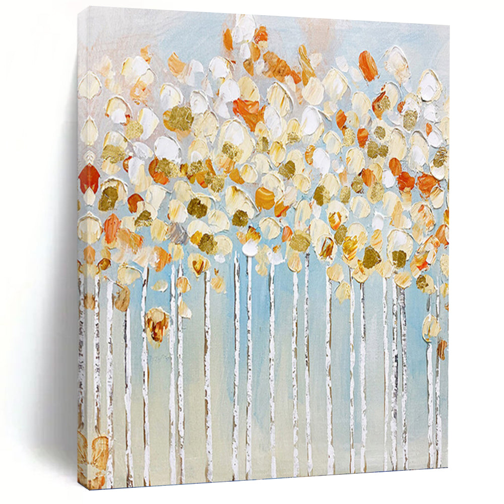 “Golden Blossom Trees” - White, Gold, Blue Floral Abstract Painting On Canvas PT1461