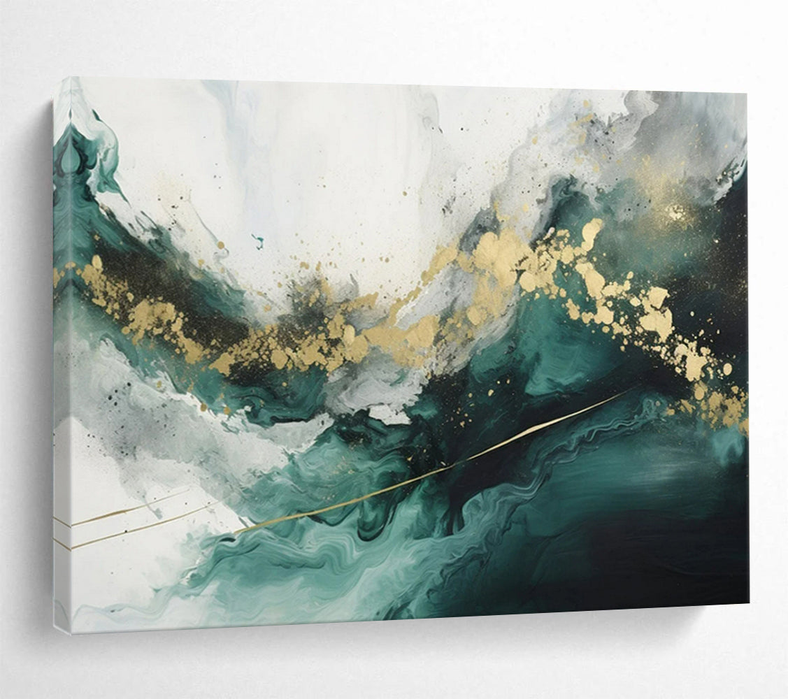 “Teal - Gold Abstract Waves” - Fluid Teal “Ocean Gold” Painting On Canvas PT1616