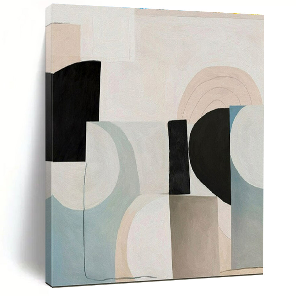 “Soft Geometric Mix” - Beige, Black, Blue, Gray Abstract Geometric Painting On Canvas PS0672