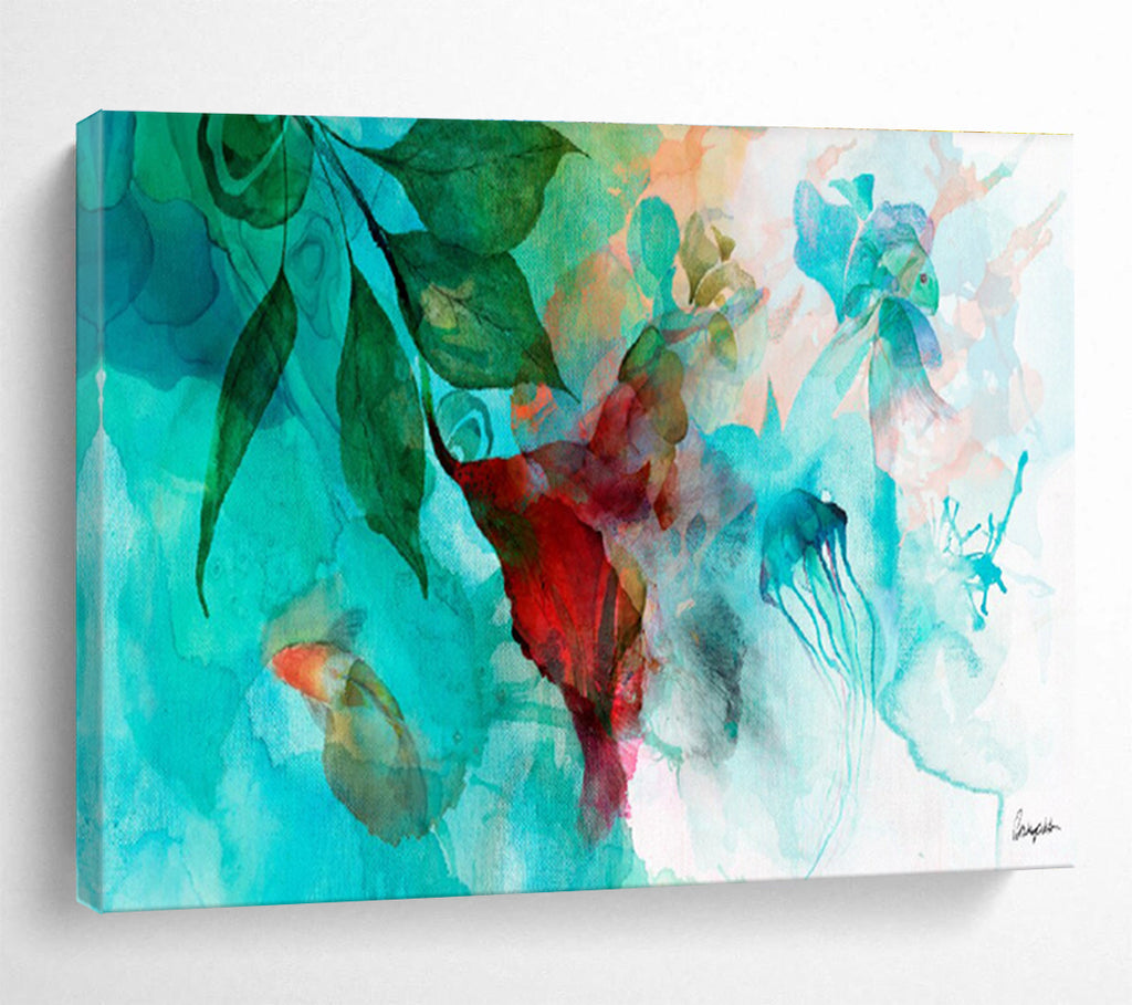 “Turquoise Floral Abstract” - Watercolor Painting On Paper DKS538