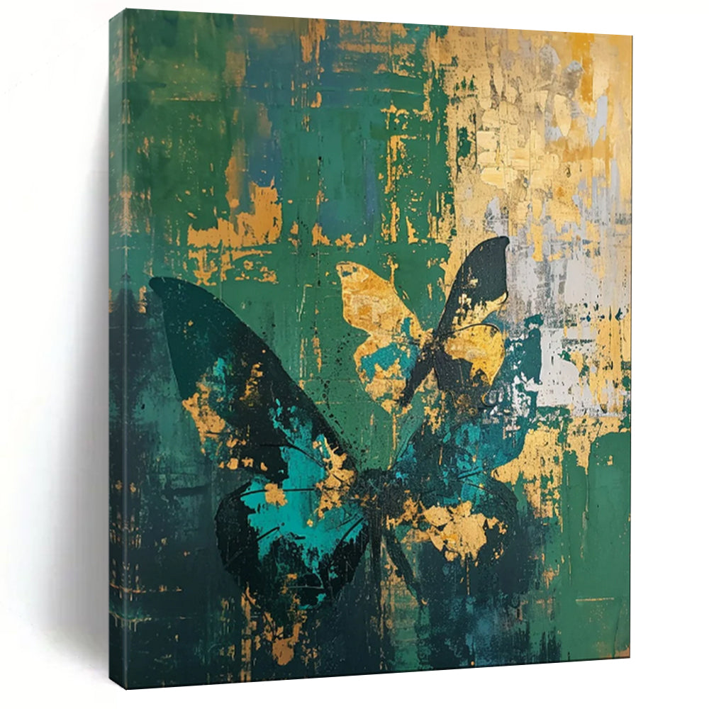 “Teal, Green, and Gold Butterfly Grunge” - Abstract Insect Painting On Canvas PT1883